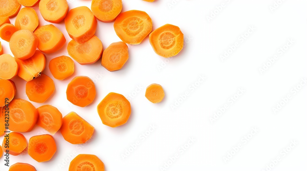 Poster fresh raw carrot slices isolated on white background top view : Generative AI