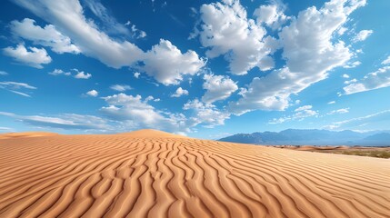 Realistic photo of the desert dunes with blue sky and white clouds.