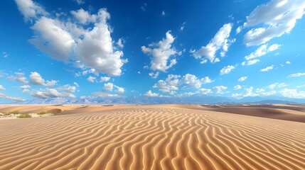 Realistic photo of the desert dunes with blue sky and white clouds.