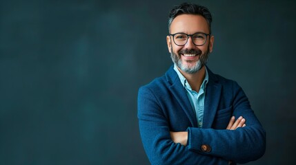 Obraz premium Portrait of a content mature man with a joyful expression and glasses standing against a blue backdrop