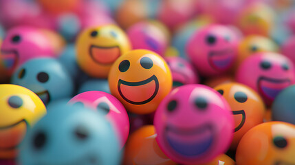 Glücklicher lächelnder Smiley freudiger lachender Emoji auf Luftballon im Gras auf der Wiese oder Tisch liegend als Blume und im Regen lächeln Generative AI