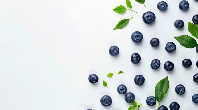 Fresh blueberries with bluberry leaves isolated on white background Top vew : Generative AI