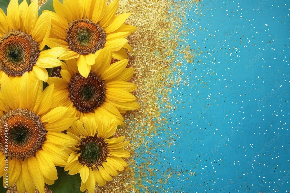 Poster Yellow Sunflower Blossoms in Top View Against Glittering Backdrop. Vibrant Floral Display Overhead.