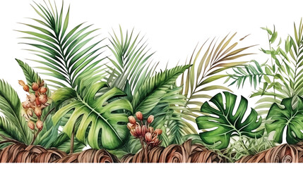 Obraz premium Vector illustration of a tropical jungle border with lush greenery, including palm and monstera leaves, and blossoming plants.