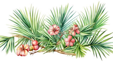 Fototapeta premium Beautiful watercolor illustration of tropical flowers and palm leaves, providing an exotic and refreshing design for various creative uses.