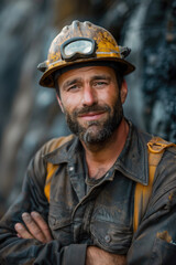 Obraz premium Portrait of a Miner in Work Gear with a Dirty Face.