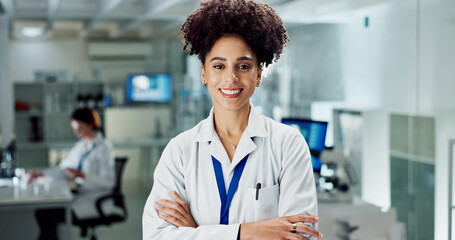 Happy woman, portrait and professional scientist with confidence at lab for science, research or...