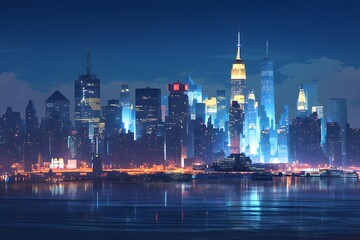 Fototapeta premium City skyline. Panorama of big city and river with reflection. City landscape illustration, metropolis of beautiful tall buildings, skyscrapers, offices, real estate for travel poster, wallpaper, card