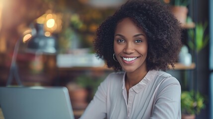 Obraz premium An African American woman is happily working on her laptop, displaying a sense of satisfaction