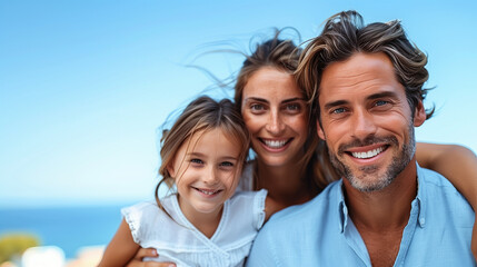 Fototapeta premium Happy parents with their children, blue sky on background. copy space.
