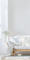 Room composition with minimal furniture and ample copyspace for text in soft tonality. Home interior design composition.