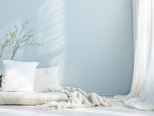 Room composition with minimal furniture and ample copyspace for text in soft tonality. Home interior design composition.