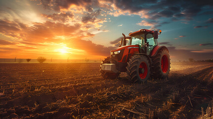 Obraz premium Agricultural tractor working in the field at sunset