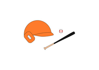 野球のオレンジ色のヘルメットとボールとバットのイラスト