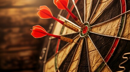 Vibrant photo showing several darts stuck in the bullseye of a worn dartboard, symbolizing group success