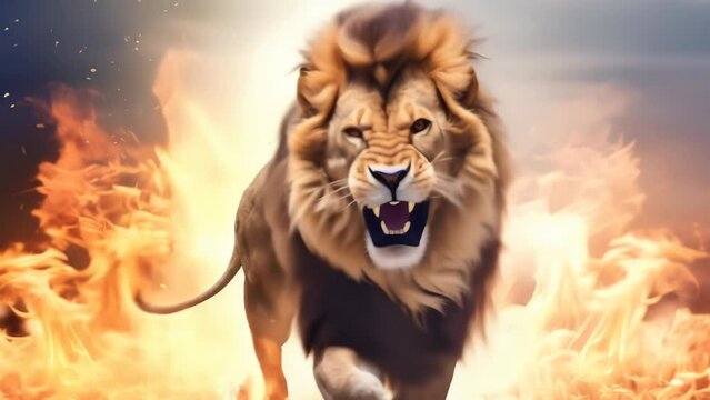 A fierce lion with a majestic mane charges through a wall of flames. The intense fire and dynamic motion of the lion create a powerful and dramatic scene. 