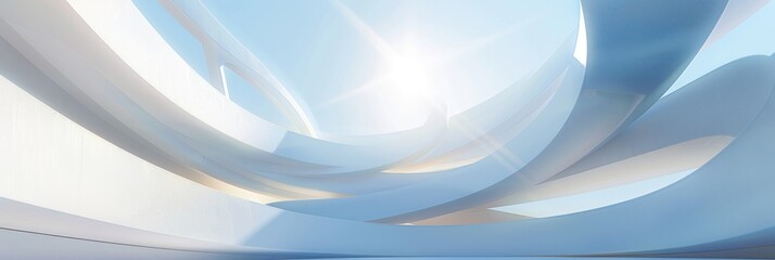 Abstract white futuristic spiral architecture with bright sunlight and blue sky background. Modern design concept. Abstract architectural of curved stairway, curved bridge or stairs.