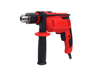 red black electric hand drill isolate d on light background