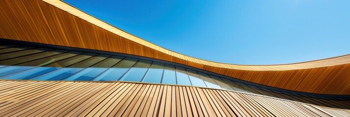 Golden curved wood facade detail on modern building, with blue sky background. Minimal architecture concept.