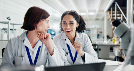 Women, celebration and laptop in lab for science, notification or approval for research project....