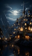 Illustration of a fantasy castle in the moonlight at night.