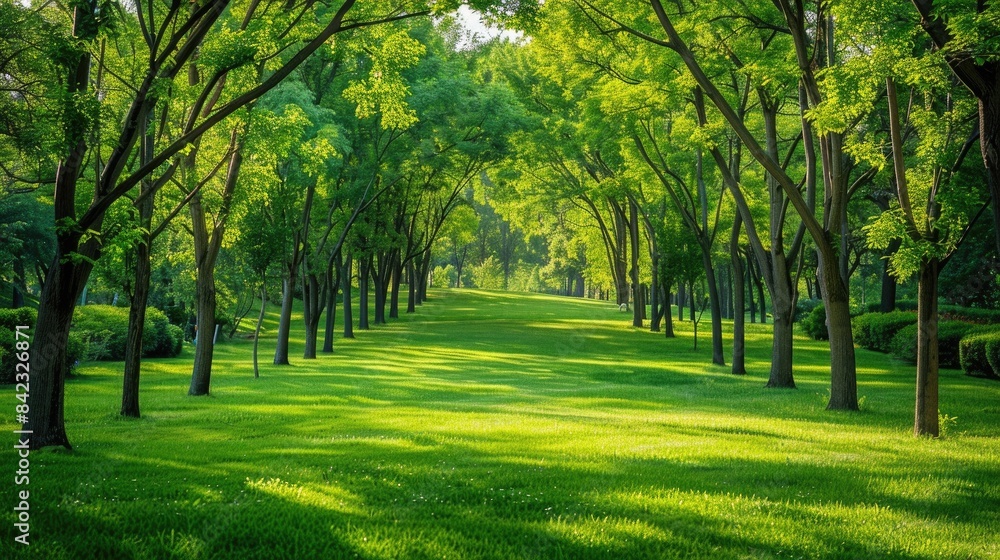 Poster background image of sunlight filtering through trees in a lush forest. soft light nature photography