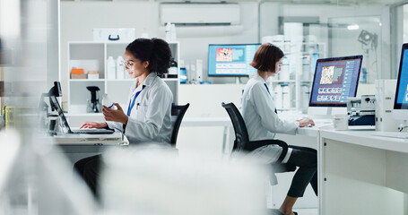 Science, laboratory and people on computer for medical analysis, research and medicine development....
