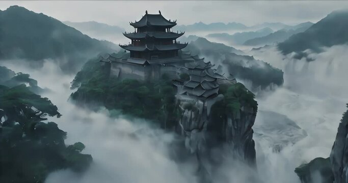 Ancient Temple Amidst the Misty Mountains of China