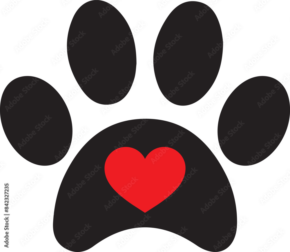 Poster paw print with red heart icon isolated on white background . dog paw icon with heart . paw print hea