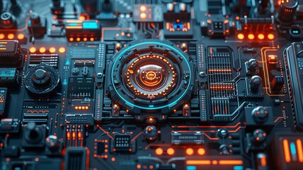 Close-up of a futuristic electronic circuit board with glowing lights. High-tech hardware concept showcasing intricate technology components.