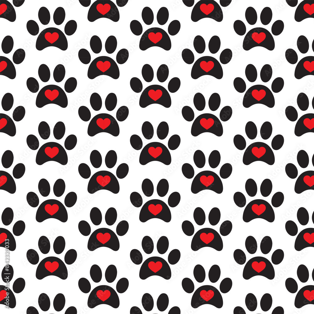 Poster paw print with red heart pattern . dog footprint with heart pattern . vector illustration