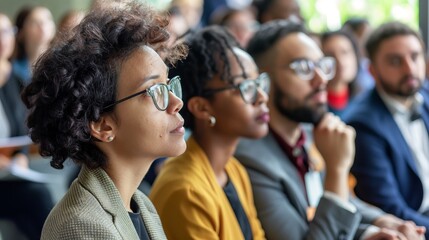 Obraz premium A diverse group of blurred face attendees at a conference or seminar, focusing on engagement and diversity