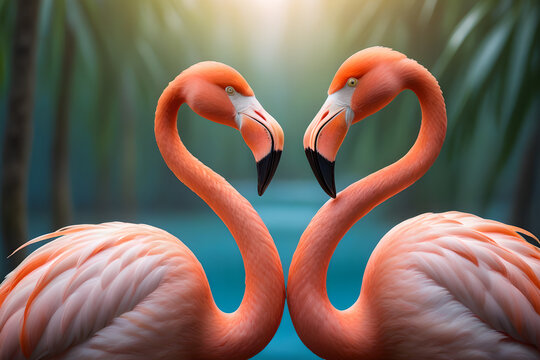 Two flamingos face each other, forming a heart shape, with a jungle as the background.