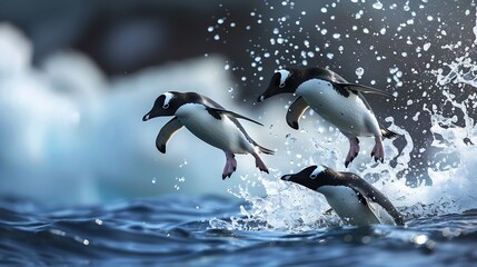 Two adelie penguins dive into the water while their friends excitedly cheer them on : Generative AI