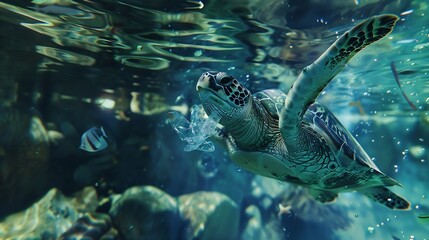 Obraz premium Water Environmental Pollution Problem Underwater animal Sea turtle eating Plastic : Generative AI