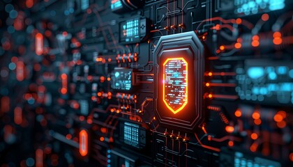 Obraz premium Futuristic digital motherboard with glowing shield icon representing cybersecurity and data protection in a high-tech environment.