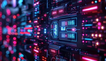 Obraz premium Futuristic server room with colorful lights and detailed technological panels, showcasing a high-tech data center environment.