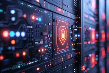 Fototapeta premium Futuristic server room with glowing digital lock icon, representing cybersecurity and data protection in a modern, high-tech environment.