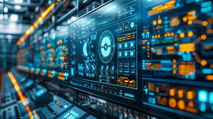 Obraz premium High-tech digital interface with futuristic design, data visualization, and control panels in a technology and data center setting.