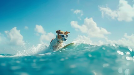 jack russell dog surfing on a wave  on ocean sea on summer vacation holidays with cool sunglasses and flower chain : Generative AI