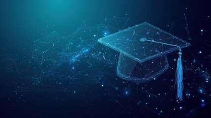 Abstract low poly wireframe of digital modern education concept with graduation hat on blue background Digital illustration symbol for online learning. copy space for text.