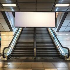 Fototapeta premium Horizontal large blank ad poster covering the entire back wall of a subway station escalator.