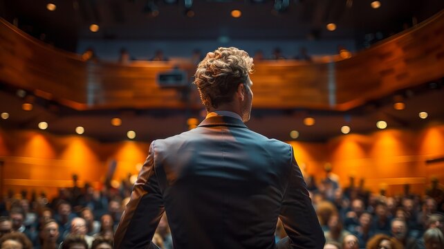 Man addressing a large audience in a modern auditorium, viewed from behind, promoting speaker events and public speaking.