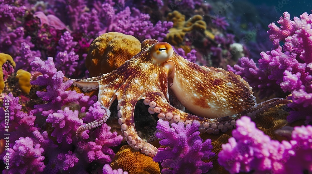 Poster the magnificent octopus perfectly accepts the color of the purple coral reef demonstrating the skill