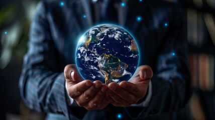 Fototapeta premium Person in a suit holding a glowing Earth, symbolizing global connection and sustainability in a business context.