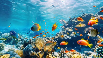 Tropical sea underwater fishes on coral reef Aquarium oceanarium wildlife colorful marine panorama landscape nature snorkel diving : Generative AI