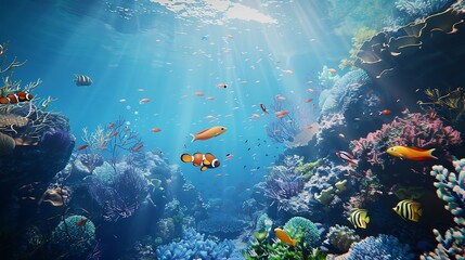 Fototapeta premium underwater coral reef landscape 16to9 background in the deep blue ocean with colorful fish and marine life : Generative AI