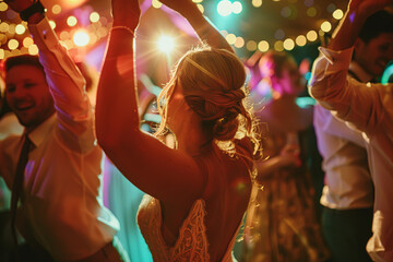Dynamic shots of wedding guests dancing and celebrating at reception