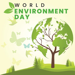 World environment day. Earth globe with greenery. Concept design for banner, poster, greeting card. Vector illustration