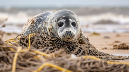 An Atlantic Grey Seal tragically caught in the remains of a fishing net rests on Horsey Beach in Norfolk England These  pictures were used to alert animal welfare services to the seals : Generative AI